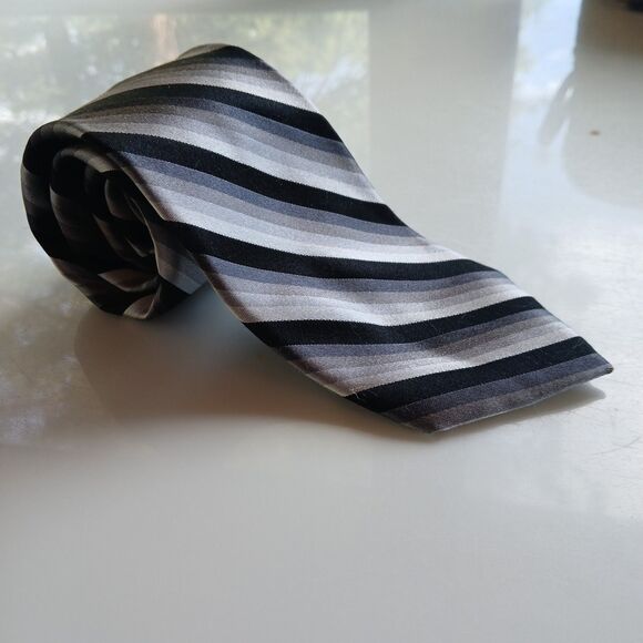 George Pure Silk Neck Tie Gray Stripe Handmade - Picture 2 of 6